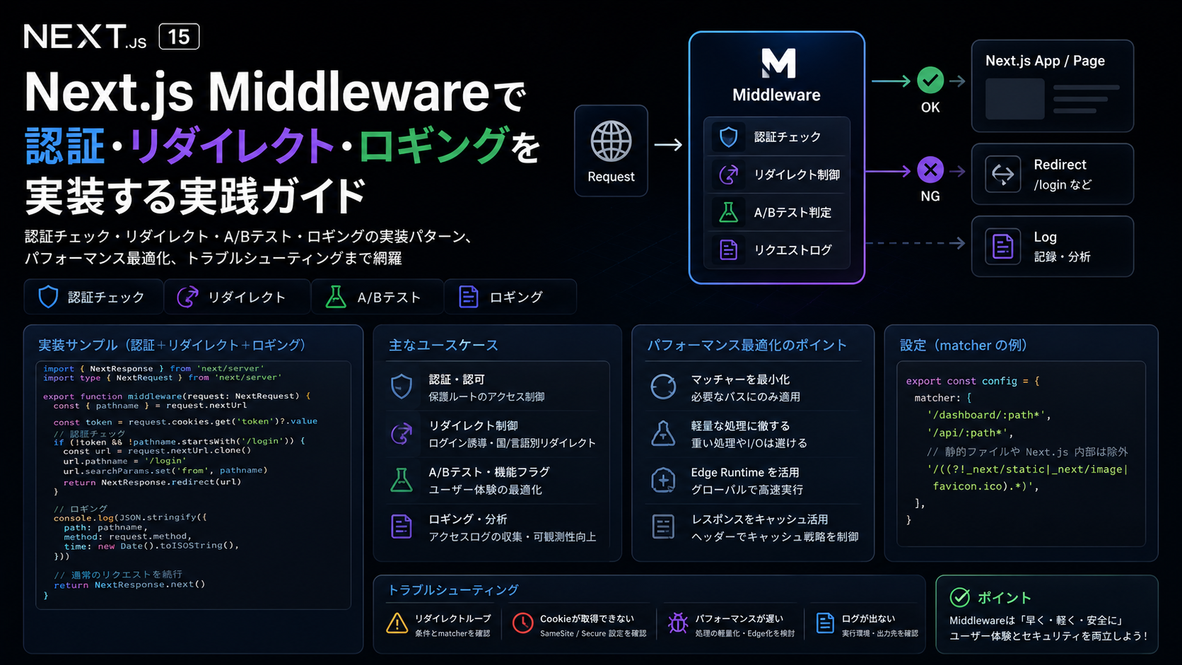 Next.js Middleware で認証・リダイレクト・ロギングを実装する実践ガイド